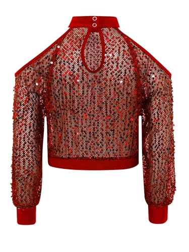 Kids Girls Shiny Sequin Dance Cropped Tshirt Tees Long Sleeve Cold Shoulder Mesh Crop Top4