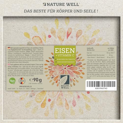 Eisentabletten hochdosiert 180x mit 40 mg Eisen + Vitamin C (40mg) aus Hagebutten - Eisentabletten VEGAN mit bioverfügbarem Eisen, hochdosiert aus Eisenbisglycinat - laborgeprüft mit Zertifikat