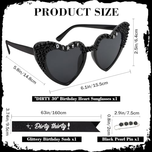 Dirty Thirty Birthday Sash & “Dirty 30” Sunglasses for Women, 30th Birthday Decorations for Her Birthday Glasses 30 Year Old Gifts Birthday Party Favors Supplies for Women2