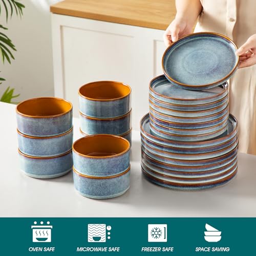 Image of vancasso ONION Ceramic Plates and Bowls Sets, 24 Pieces Blue Dinnerware Sets for Kitchen, Reactive Glaze Dishes Set for 8, Dishwasher and Microwave Safe