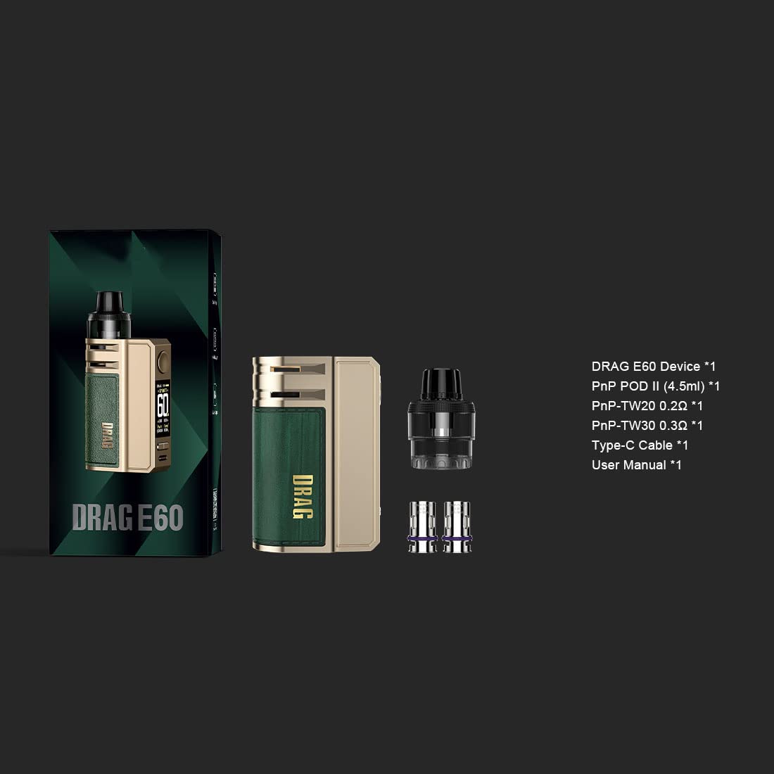 Drag E60 Kit (Oro) 60W, VOO/POO E-Cig Vaporizador equipado con 4.5ml PnP  POD II, Vape Kit alimentado por batera incorporada de 2550mAh, sin  nicotina : Amazon.es: Electrnica