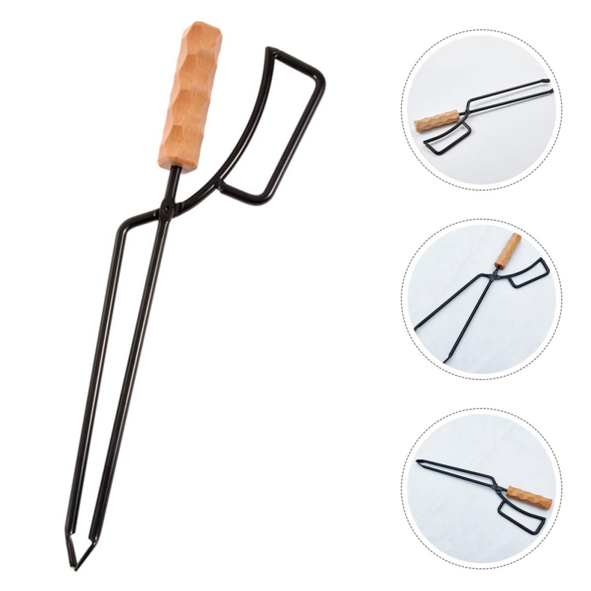 Pinza per Barbecue Manico in Legno, Strumento per Controllo Fuoco da Campeggio, Pinza per Carbonella in Ferro per Attività Outdoor e Falò