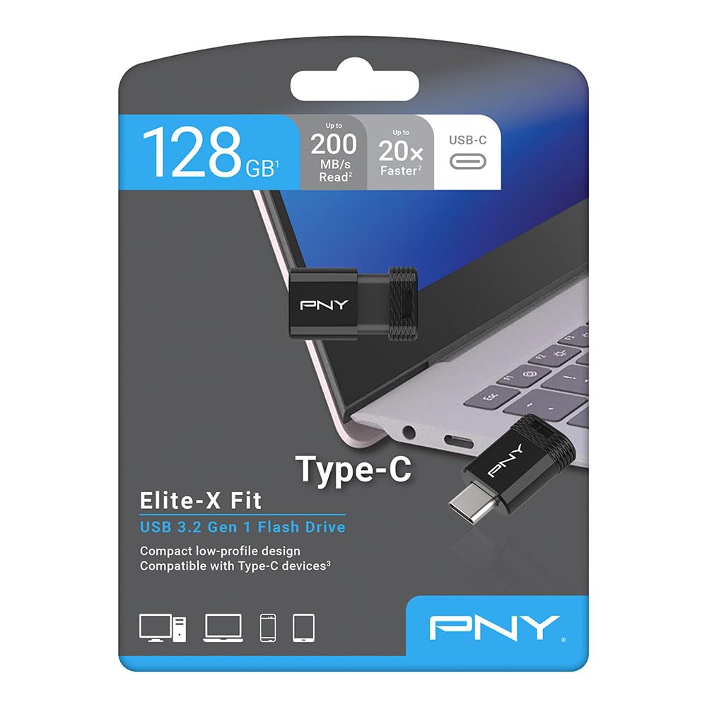 PNY 128GB Elite-X Fit Type-C USB 3.2 Flash Drive - zaawansowana wydajność do 200MB/s odczytu, wygodny przenośny magazyn danych, ultra kompaktowa konstrukcja, złącze Type-C