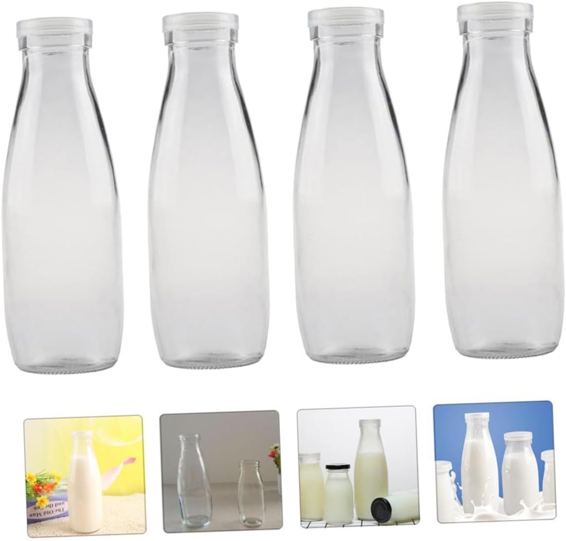 KICHOUSE 4pcs Juice Bottles Glass Milk Containers Lids Leakproof Dishwasher Safe