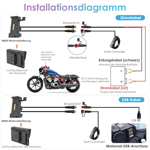 W702S Pro Motorrad Carplay Bildschirm mit BM05 Halterung für Plug-and-Play, Kabellos CarPlay & Android Auto, 7\ Wasserfest Touchscreen, Intercom-Funktion, Dual Bluetooth, Verdrahtet Controller, Navi.