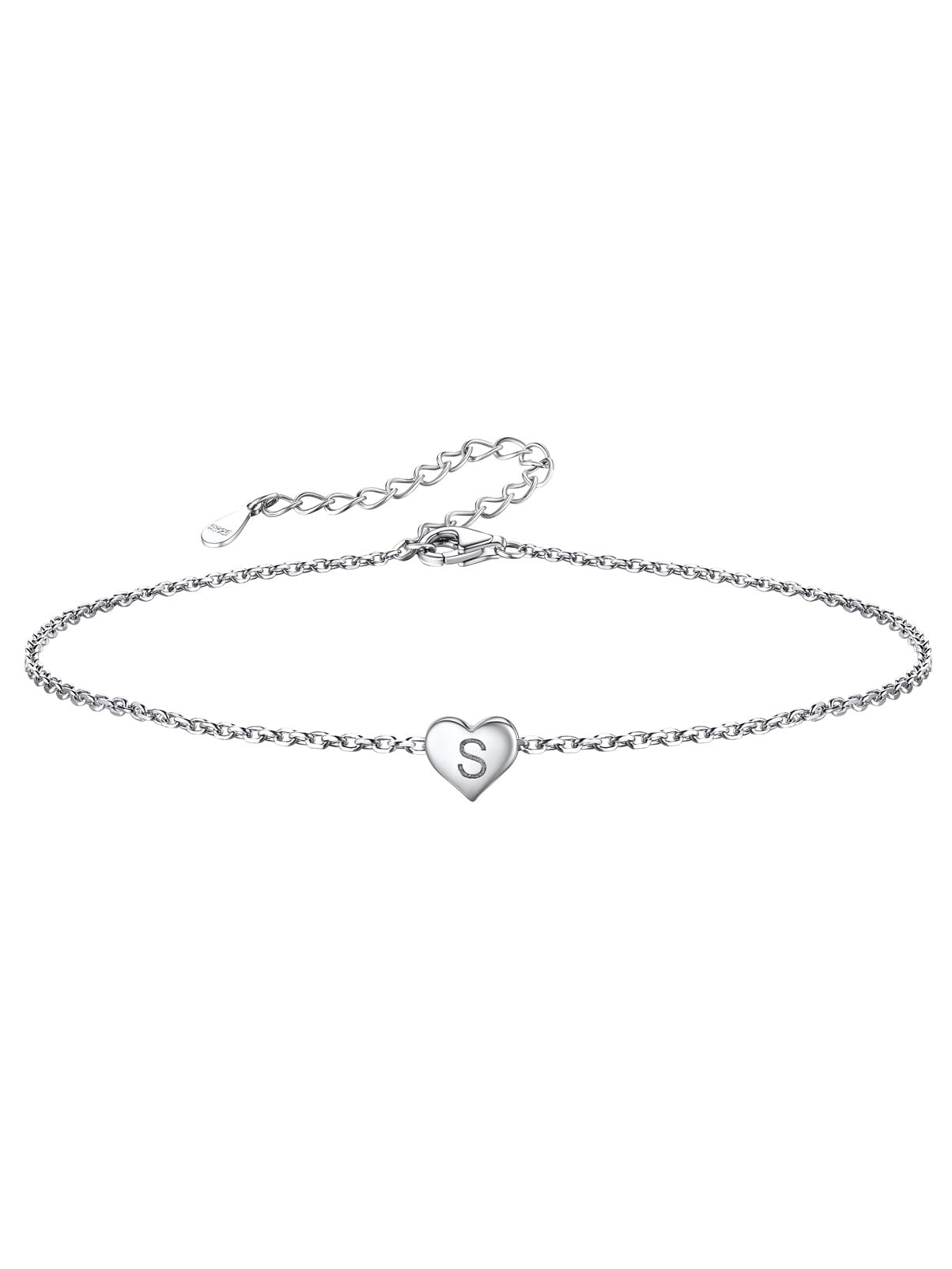 Silvora Inicial S Letras Plata Tobillera Corazón Playa Mujer, Tobillera Pulsera Plata de ley con colgante, gratis caja de regalo - 22cm con alargador 5cm
