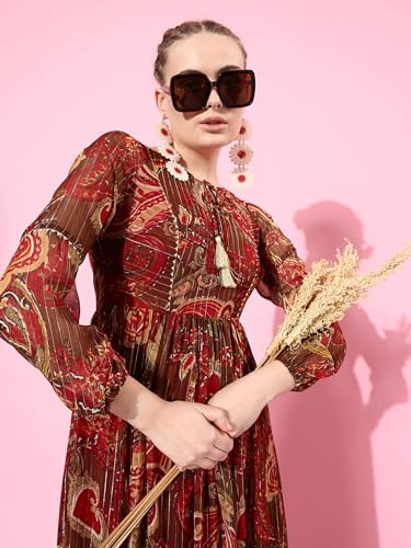 Image of Miss Chase Women's Multicolored-Base-Brown Relaxed Fit Maxi Lurex Chiffon Dress