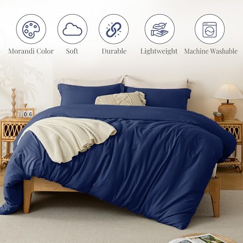Image of MILDLY Duvet Cover Queen Ultra Soft Comforter Cover Set 3pcs, Navy Blue | Washed Microfiber Cotton-Like, Breathable Comfort, Hidden Zipper, Corner Ties, OEKO-TEX Certified, Fade Resistant