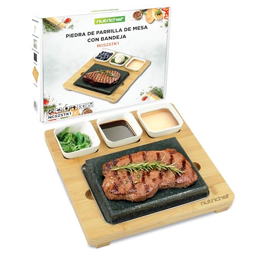 Nutrichef Sizzle Juego De Cocina Con Piedra Caliente Parrilla De Mesa Con Bandeja De Bambú, Cuencos De Salsa De Cerámica Y Bandeja De Acero Inoxidable