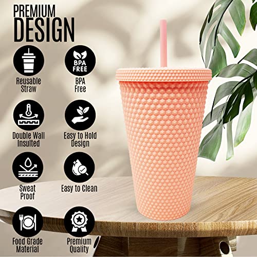 Nadia's Little Treasures Studded Tumbler Straw Lid - Plastic Double Walled Cold Cup for iced Coffee, Water, Slush or Smoothies, Your Home Cinema Cup (Matte Coral 16OZ / 450ml) - Image 3