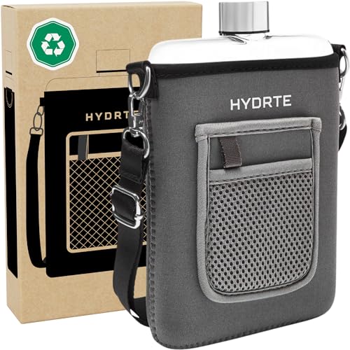 Hydrte Travel Mini Water Bottle with Strap & Sleeve – 500ml BPA-Free Slim Flat Reusable Water Bottle, Leak Proof (Slate Grey)