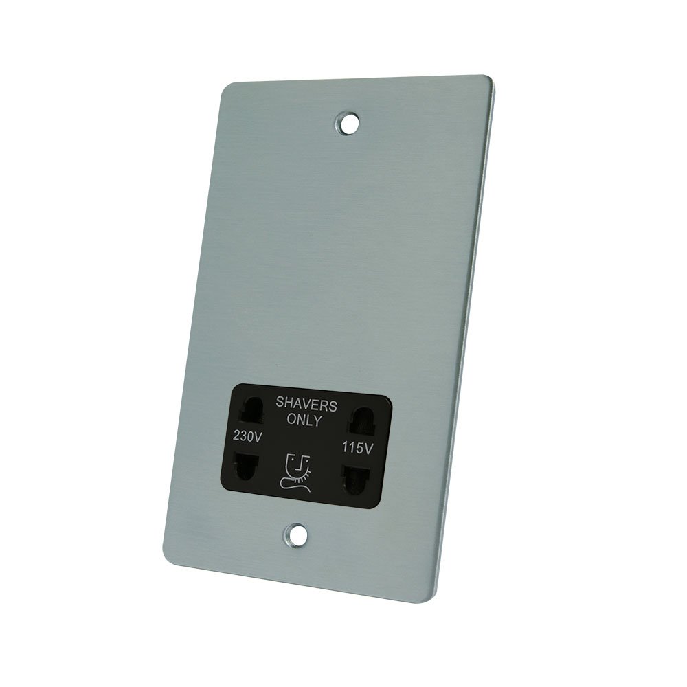AET FSCSHABL 115 V/230 V 2-Gang Satin Chrome Flat Insert Dual Voltage Shaver Socket - Black