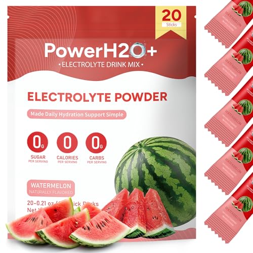 PowerH2O+ Electrolytes Powder Packets, 20 Sticks Hydration Packets Sugar Free, Electrolyte Drink Mix Travel Electrolyte Packet for Rapid Hydration (0.21 Ounce (Pack of 20), Watermelon)