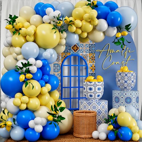 ALL-IN-1 Blue and Yellow Lemon Balloon Arch Kit with BONUS Leaves - Lemon Balloons for Freshly Graduated Lemon Decor Amalfi Coast Party Decorations Blue and Yellow Party Lemon Birthday Decorations