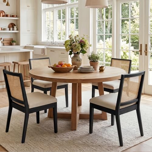 Image of HNY Farmhouse Rattan Dining Chairs Set of 4, Black Solid Hardwood Frame, Upholstered Linen Seat, Ergonomic Cane Back Dining Room Chairs for Kitchen, Dining Room, Apartment, Beige