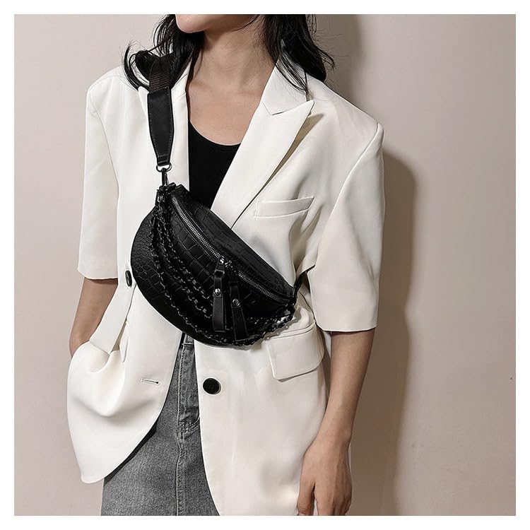 Image of Leather Fanny Pack Bag for Women, Chain Belt Bag Chest Purse Fashionable Crossbody Waist Bags Handbag for Everyday Use Trip Walking Hiking