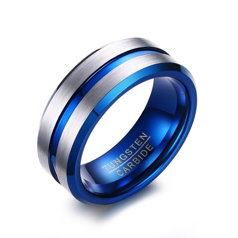 Bague tungstène bleu argent homme - Chevalière alliance moderne
