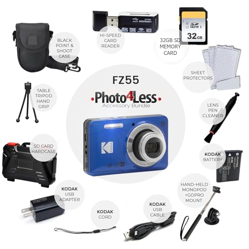 Image of Kodak PIXPRO FZ55 Digital Camera (Blue) + 32GB Memory Card + Point and Shoot Camera Case + Extendable Monopod + Lens Cleaning Pen + LCD Screen Protectors + Table Top Tripod - Ultimate Bundle