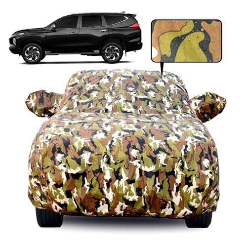 Image of Waterproof Car Body Cover for Mitsubishi Pajero Sports with Mirror Pocket, Soft Cotton Lining, Triple Stitched, Full Bottom Elastic (Heat Resistant Jungle Print with Red Piping)