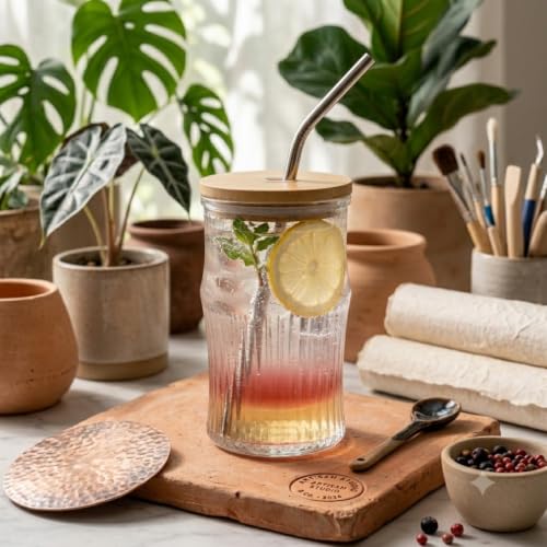 Image of Reusable Glass Coffee Sipper Mugs with Lid & Straw Multipurpose Drinking Glasses Tumbler for Juice Smoothies Iced Tea Home & Travel (Dark Greeen)
