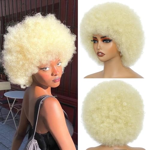 Xcalic Blonde Afro Wigs for Black Women 70s disco outfits for women and Men Unisex Short Fluffy Afro Wigs for Daily Halloween and Costume Cosplay (613#)