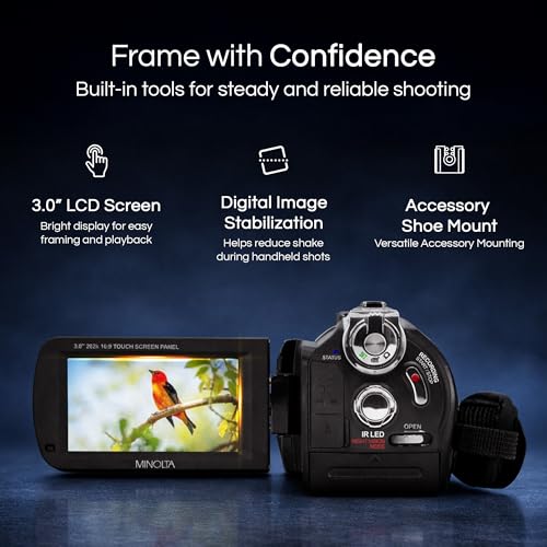 Image of Minolta MN4K40NV 4K 30MP 3 inch Touch Night Vision Camcorder w /LED Light,