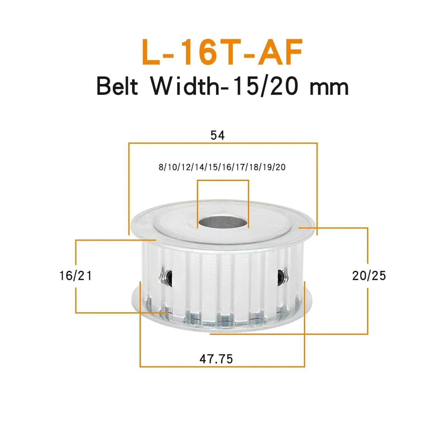 L-16T Timing Pulley Trapezoidal Tooth Pitch 9.525mm Bore 8/10/12/14/15/16/17/19/20mm Alloy Rubber Belt Width 15/20mm(25x8x3.3 mm,1pc,20 mm)