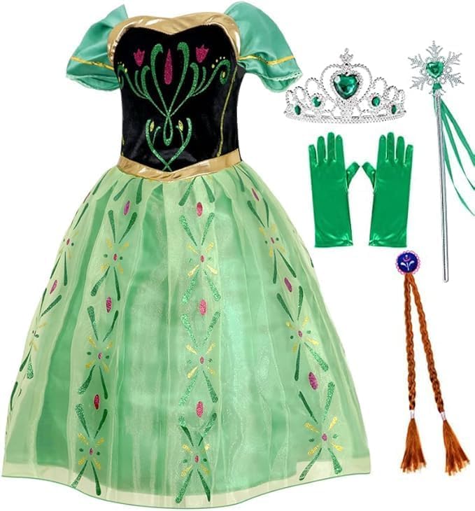 Atorcher Princess Dress Up for Girls Green Costume with Crown Fairy Wand Gloves for Birthday Partys (130 5-6 Y)