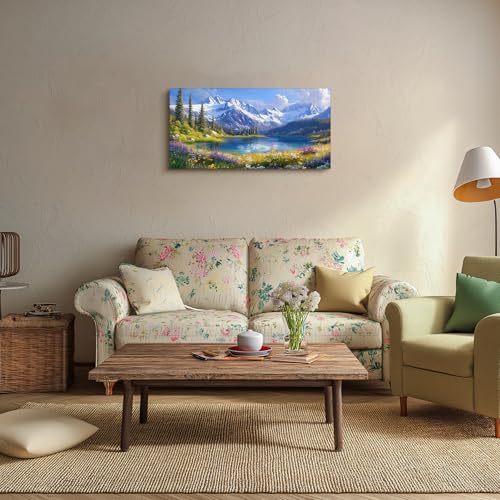 crmotu Mountain Lake Wall Art, Natural Landscape Large Wall Decor, Forest Meadow Wildflower Canvas Prints, Country Charm Pictures for Living Room Bedroom Kitchen, Rustic Farmhouse Decor 20x40 Inch