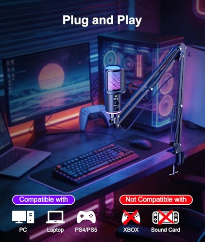 Image of Gaming USB Microphone Kit with Boom Arm - RGB Condenser Mic with Noise Cancellation, Mute Button Reverb Adjustment, Monitoring for Streaming, Podcasting, Discord, YouTube