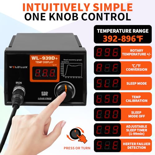 Image of 939D+ Digital Soldering Station, 100W Equivalent Soldering Iron Kit with PID Temperature Control (392F-896F), F /C Display, Fast Heating, ESD Safe, Lead Free Accessories (Orange)