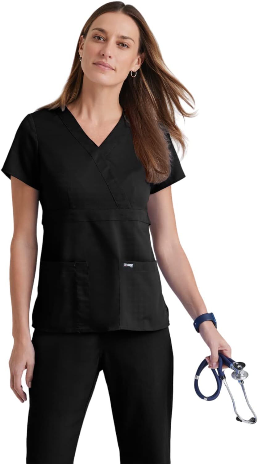 Greyโs Anatomy by Barco Classic Riley Scrub Top for Women โ Black, 3-Pocket Mock Wrap V-Neck Shirt with Natural Stretch, Soil Release Fabric, and Super-Soft Finish โ Medium, Regular Fit