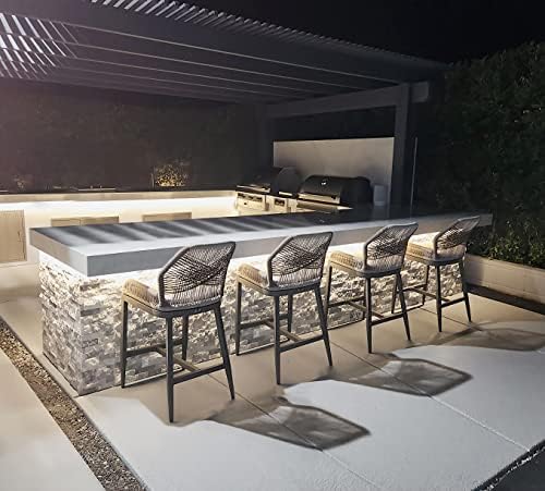 PURPLE LEAF Counter Height Bar Stools Set of 4 Woven Aluminum Modern Barstools with Back and Arms for Patio Balcony Pool Accent Outdoor Kitchen Counter Stool Chairs