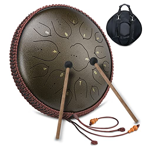 Tambor de Lengua de Acero - Tambor de Lengüetas Tambores de Hendidura Tongue Drum Handpan Instrumento D Dur 14 Pulgadas y 15 Tonos para Yoga, Meditación, Sanación de Sonido Cover