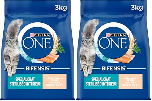PURINA ONE Bifensis Spécial Chat Stérilisé d'Intérieur | Croquettes à la Truite et aux Céréales Complètes pour Chats Adultes | Sac de 3 kg (Lot de 2)