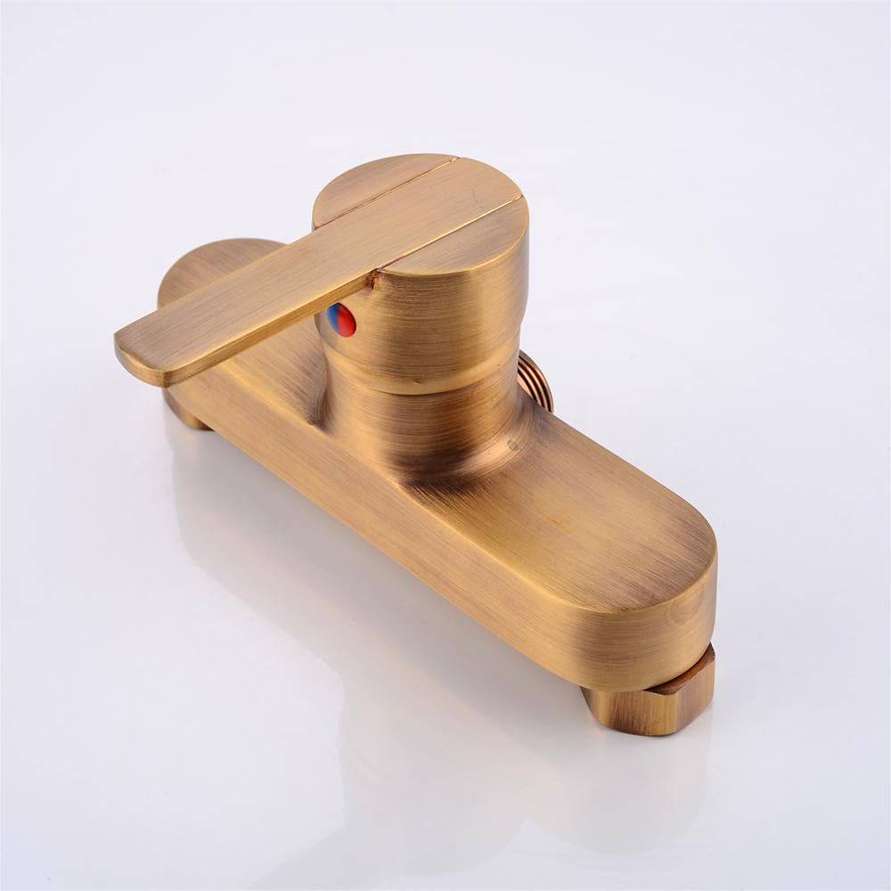 Juego de ducha de cobre antiguo, redondo, montaje en pared, sistema de ducha con grifo de bañera y alcacho/ducha de lluvia y ducha de mano, barra de ducha ajustable, bronce retro