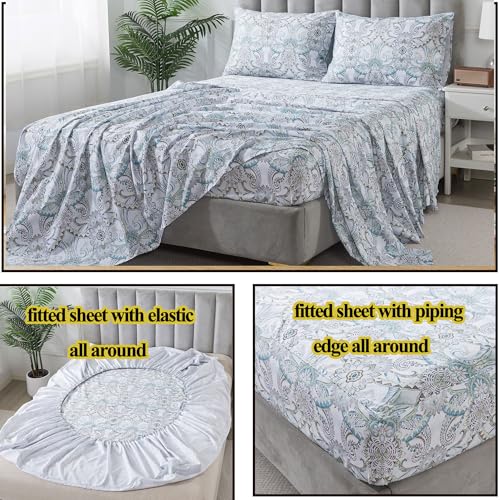 Image of FADFAY Blue Paisley Sheets Set Full Classic Boho Paisley Bedding Luxurious Bohemian Damask Paisley Bed Sheet Breathable 100% Egyptian Cotton 800 Thread Count Deep Pocket Fitted Sheet 4Pcs, Full Size
