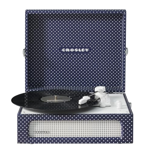 Image of Crosley CR8017B-ND Voyager Record Player, Navy Dot | 3-Speed Turntable, Bluetooth In / Out, Built-in Full-Range Stereo Speakers, Adjustable Pitch Control