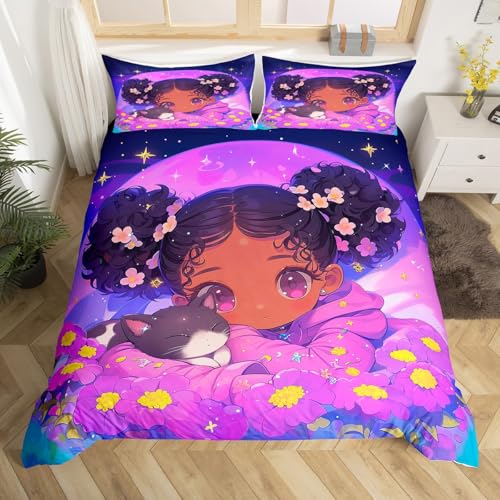 Cartoon Black Girls Decorations,Good Night Theme Duvet Cover for All Season,Pink Glitter Cute Cat Pet Bedroom Decor Comforter Cover (No Filler) Full Size,3PCS