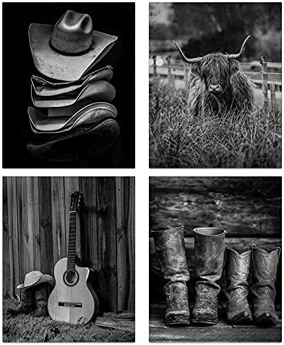 Image of NIIO Western Cowboy Wall Art, Highland Cow Art Print, Boots Straw Hat and Longhorn Decor Vintage Farmhouse Canvas for Men's Bedroom Decor, Set of 4(8inx10in, Unframed)
