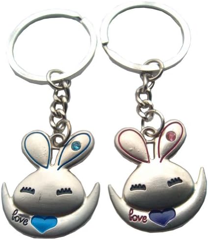 4EVER Love Jumping Rabbits Couple Keychains, with Gift Box & Greeting Card Best for Valentine's Day Anniversary Wedding Gifts (A Pair)