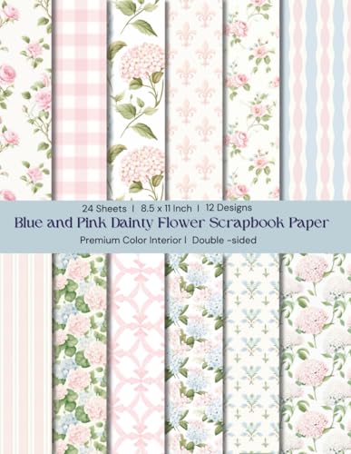 8.5 x 11" Blue and Pink Dainty Flower Scrapbook Paper: Colorful Floral Decorative Sheets for DIY Crafts, Journaling, Albums, Invitations, ... Interior, Double sided, 12 Designs, 24 Sheets image 2