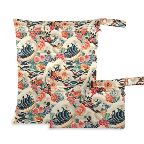 Coikll Wet Dry Bags for Cloth Diaper 2 Pack Waterproof Yoga Gym Bag for Swimsuit Wet Clothes Baby Items-?Chinese Wave Elements?