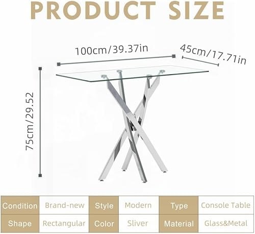 Miniatura 6 de Mesa consola de vidrio templado con patas cromadas, moderna mesa de sofá estrecha para entrada de pasillo (plateado, 39 x 18 x 30 pulgadas)