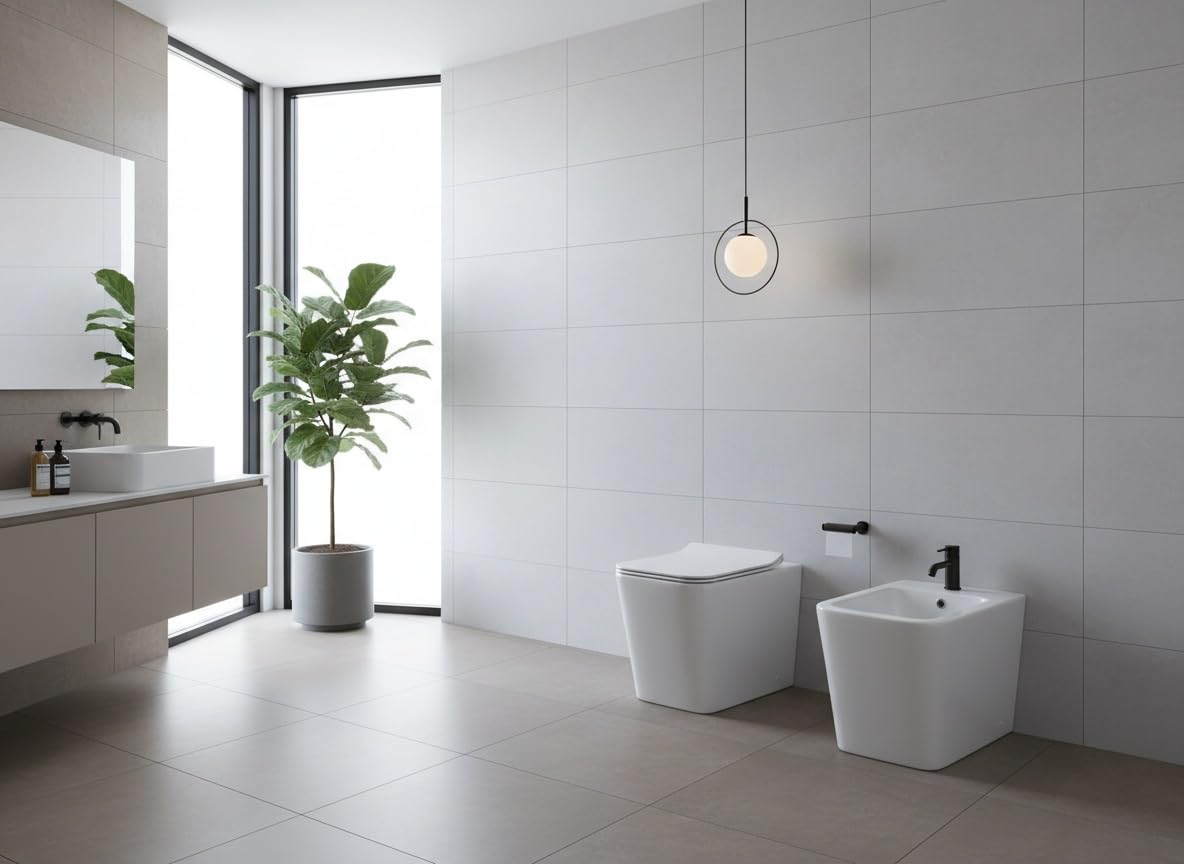 Coppia di Sanitari Modello Edge Rimless - Senza brida - Filo muro a terra bianco con coprivaso soft close, design squadrato