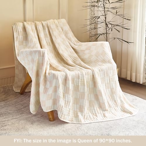 Image of SANACYNA 100% Cotton Muslin Blanket 6-Layer Gauze Cream Grid Cooling Blanket Lightweight Soft and Breathable Blanket for Sofa Couch Bed Coverlet Both Sides (Cream, Throw 50 inchx60 inch)