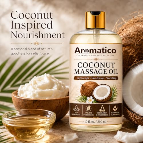 Image of AROMATICO Coconut Massage Oil for Body Massage, Lightweight Moisturizing Body Oil, Spa Massage Oil for Dry Skin, Relaxing Routine and Daily Body Care - 300ml