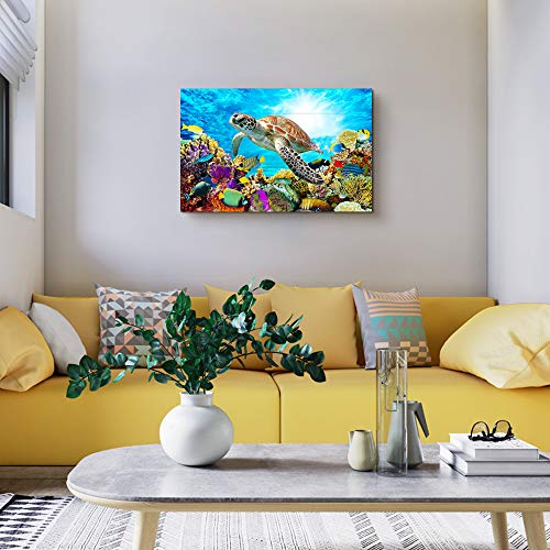 Family Canvas Wall Art - Sea Turtles & Blue Ocean - 16x24 Inch - For Bedroom, Living Room, Kitchen & Office