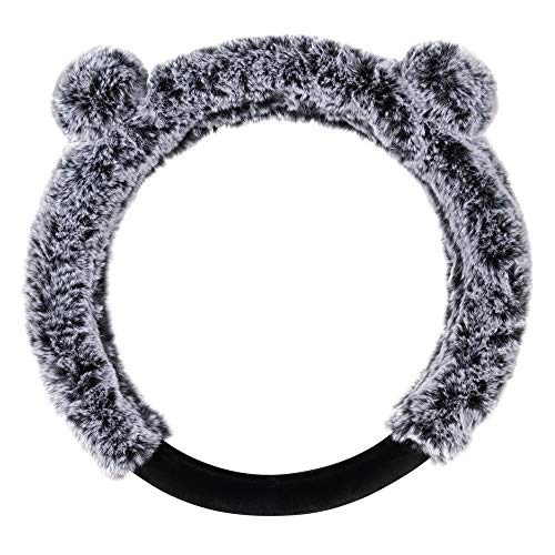 BDK Faux Fur / Wool / Sheepskin Steering Wheel Cover for Women - Cute, Bear Fur, Soft, Fluffy, and Warm, Great for Winter Gray with Ears, 14.5 - 15