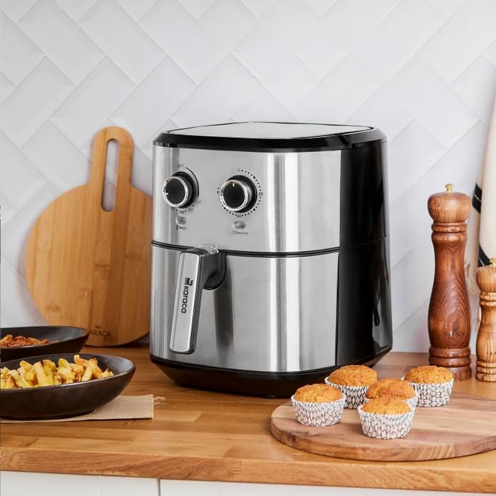 Karaca Multifry Inox 1700W Doppelfritteuse 5,5 Liter XL, Öl verspritzt, großen Behälter, Geruchsneutral ist, Luftzirkulationstechnologie, Temperatur und Zeit können, Antihaftbeschichtung – Bild 6